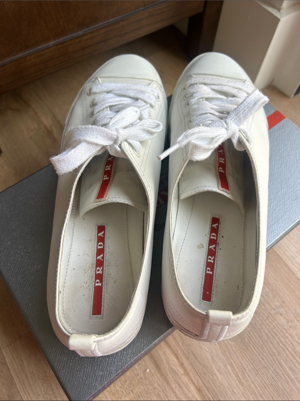 Prada White Leather Sneakers with Red Logo Detail - Picture 8 of 13
